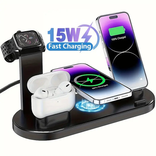 "6-in-1 15W Wireless Charger: Fast Charging for iPhone, iWatch & AirPods - Charge 4 Devices + Earphones Simultaneously, Desktop Stand, ABS Material for Work & Learning"