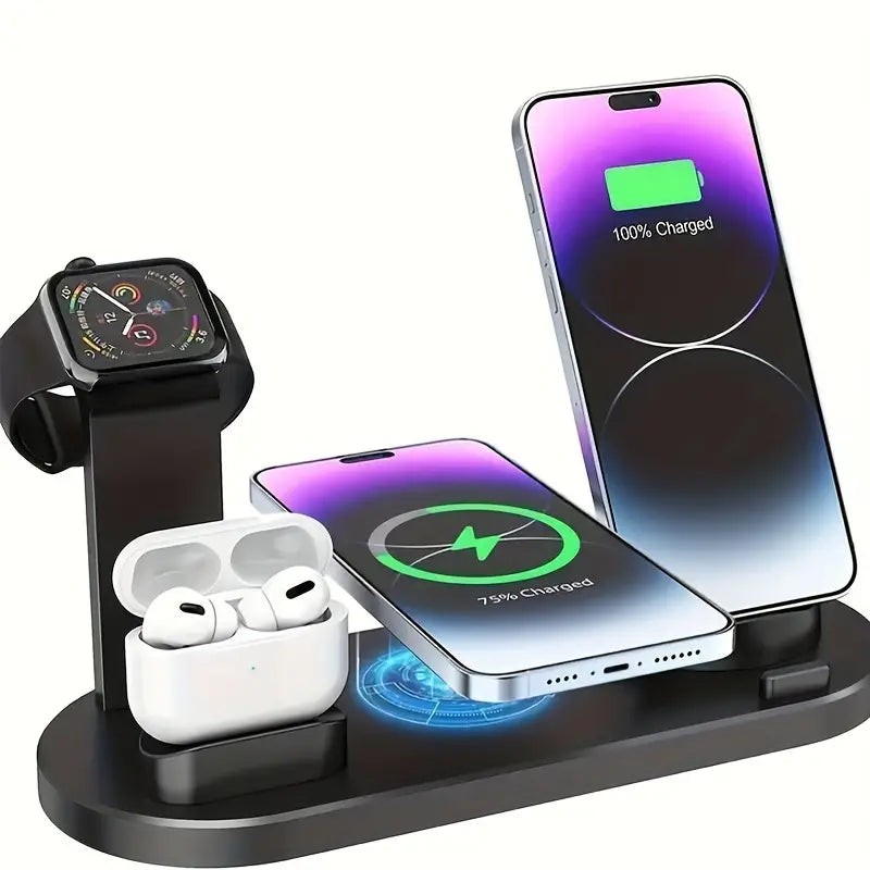 "6-in-1 15W Wireless Charger: Fast Charging for iPhone, iWatch & AirPods - Charge 4 Devices + Earphones Simultaneously, Desktop Stand, ABS Material for Work & Learning"