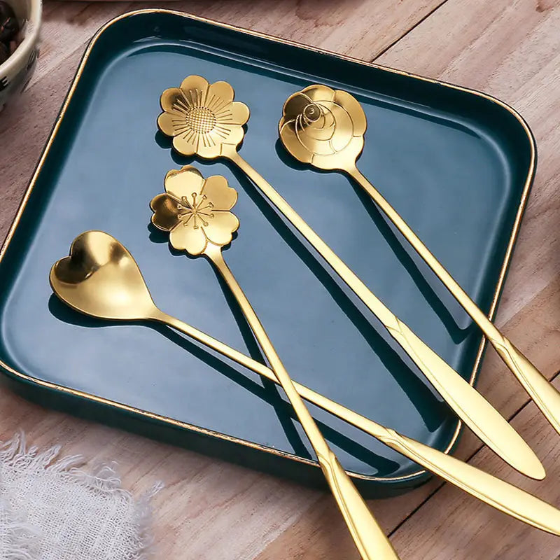 "Charming 4-Piece Flower-Shaped Teaspoon Set - Durable Stainless Steel for Coffee & Desserts"