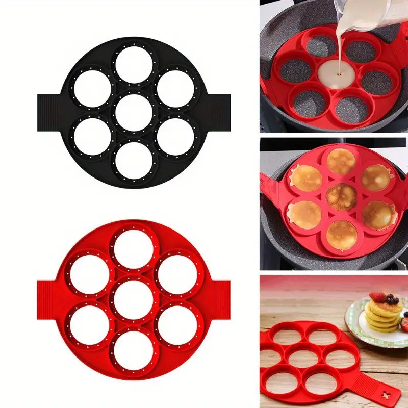 7-Hole Silicone Pancake Maker - Nonstick, Easy Clean Baking & Omelette Ring for Perfect Breakfasts - Red Kitchen Gadget