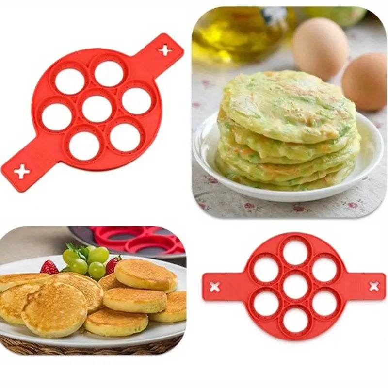 7-Hole Silicone Pancake Maker - Nonstick, Easy Clean Baking & Omelette Ring for Perfect Breakfasts - Red Kitchen Gadget