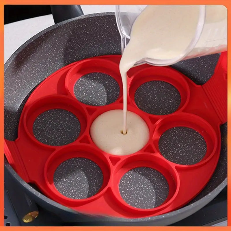 7-Hole Silicone Pancake Maker - Nonstick, Easy Clean Baking & Omelette Ring for Perfect Breakfasts - Red Kitchen Gadget