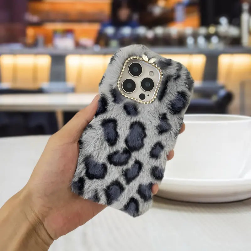 Plush Gray Leopard Print Camera Frame Diamond Anti-fall Mobile Phone Protective Case Suitable for