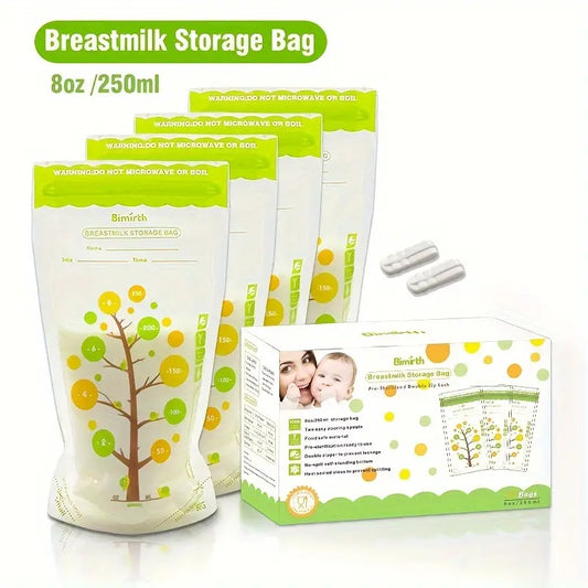 Bimirth 8oz Breast Milk Storage Bags - Durable, Double Zip Lock, Disposable with Cute Green Tree Design, 112pcs Gift Box Set