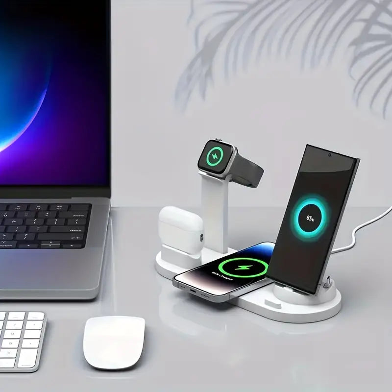 "6-in-1 15W Wireless Charger: Fast Charging for iPhone, iWatch & AirPods - Charge 4 Devices + Earphones Simultaneously, Desktop Stand, ABS Material for Work & Learning"