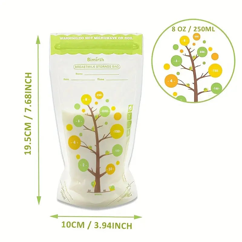 Bimirth 8oz Breast Milk Storage Bags - Durable, Double Zip Lock, Disposable with Cute Green Tree Design, 112pcs Gift Box Set