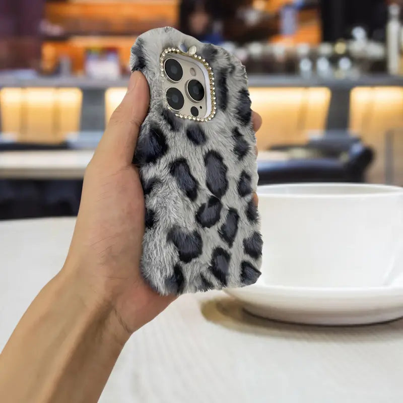 Plush Gray Leopard Print Camera Frame Diamond Anti-fall Mobile Phone Protective Case Suitable for