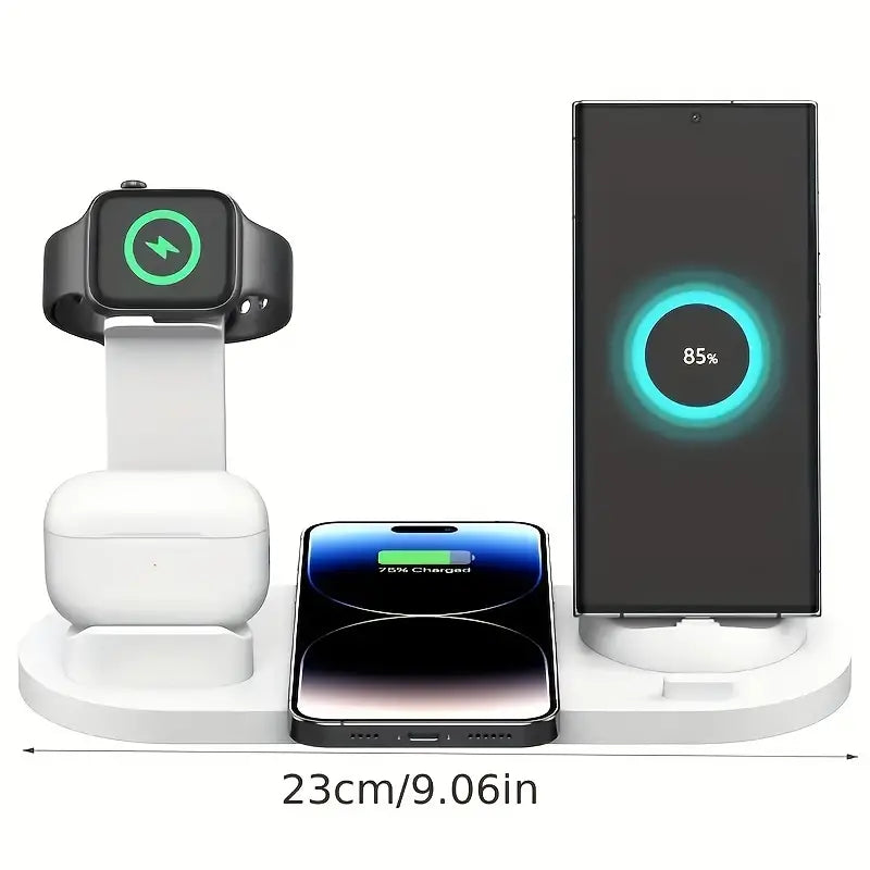 "6-in-1 15W Wireless Charger: Fast Charging for iPhone, iWatch & AirPods - Charge 4 Devices + Earphones Simultaneously, Desktop Stand, ABS Material for Work & Learning"