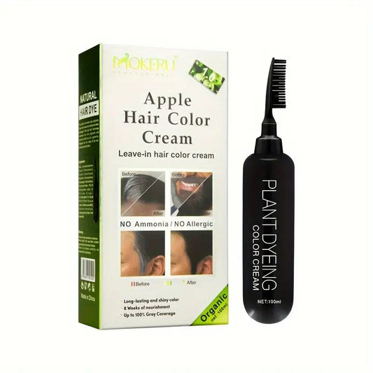 Apple Hair Color Cream - Plant-Based, Non-Irritating Beard & Mustache Dye for Natural-Looking Color, Ammonia-Free, Allergen-Free, Nourishing Leave-In Formula, Instant Grey Coverage, Unscented, 100ml