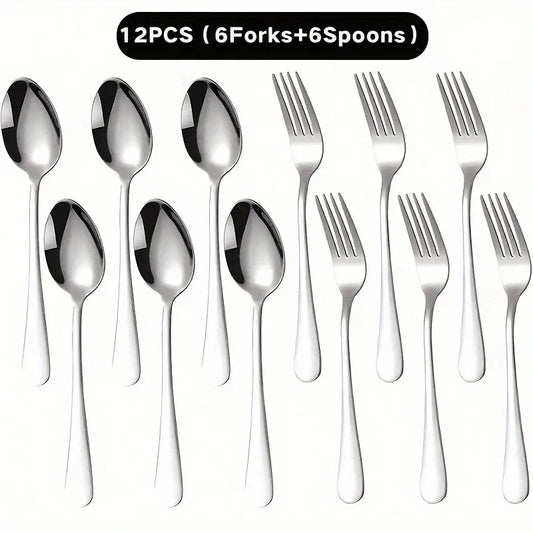 Title: Premium Silvery Stainless Steel Cutlery Set - 6pcs/12pcs Heavy Duty Forks and Spoons for All Occasions