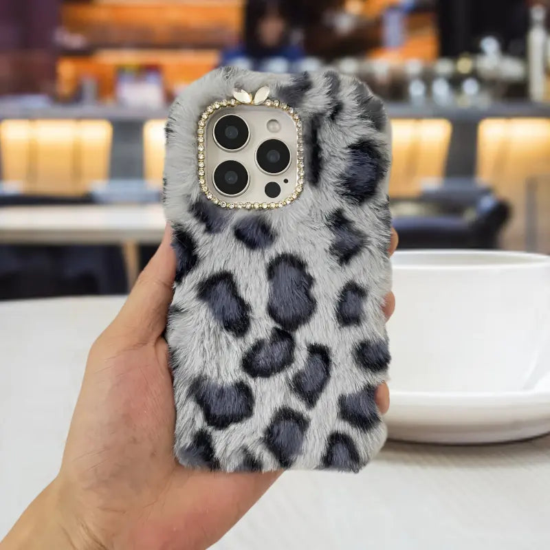 Plush Gray Leopard Print Camera Frame Diamond Anti-fall Mobile Phone Protective Case Suitable for