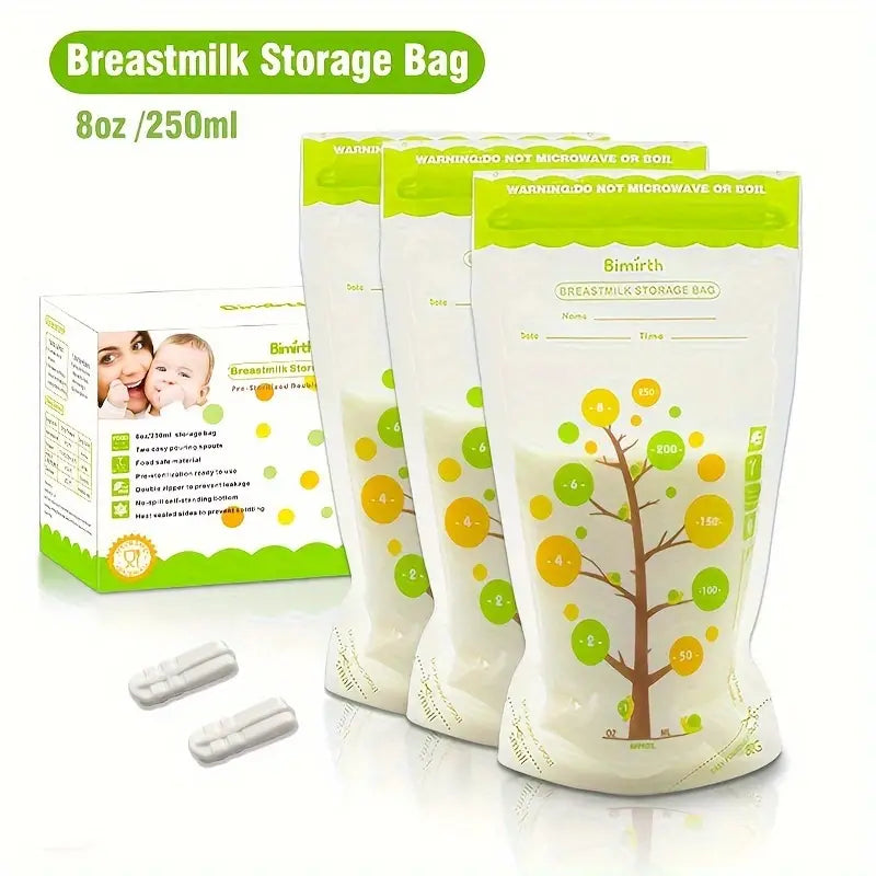 Bimirth 8oz Breast Milk Storage Bags - Durable, Double Zip Lock, Disposable with Cute Green Tree Design, 112pcs Gift Box Set