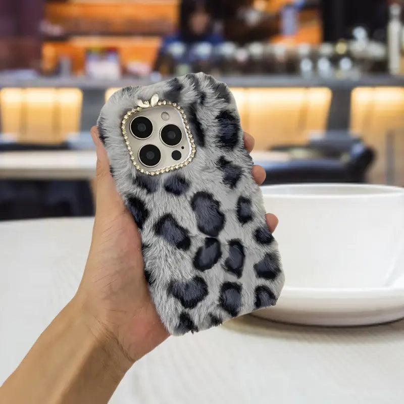 Plush Gray Leopard Print Camera Frame Diamond Anti-fall Mobile Phone Protective Case Suitable for