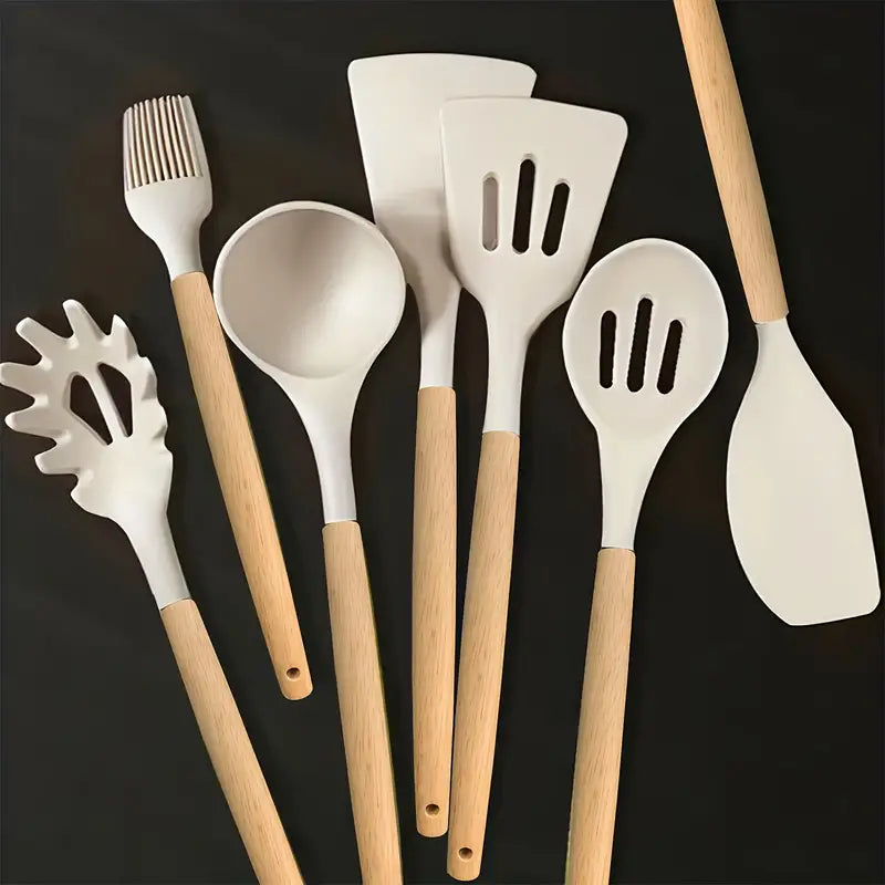 7-Piece Silicone Utensil Set with Wooden Handles – Heat Resistant Cooking Tools (Whisk, Spoon, Spatula)