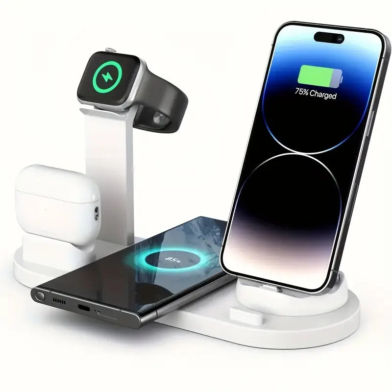 "6-in-1 15W Wireless Charger: Fast Charging for iPhone, iWatch & AirPods - Charge 4 Devices + Earphones Simultaneously, Desktop Stand, ABS Material for Work & Learning"